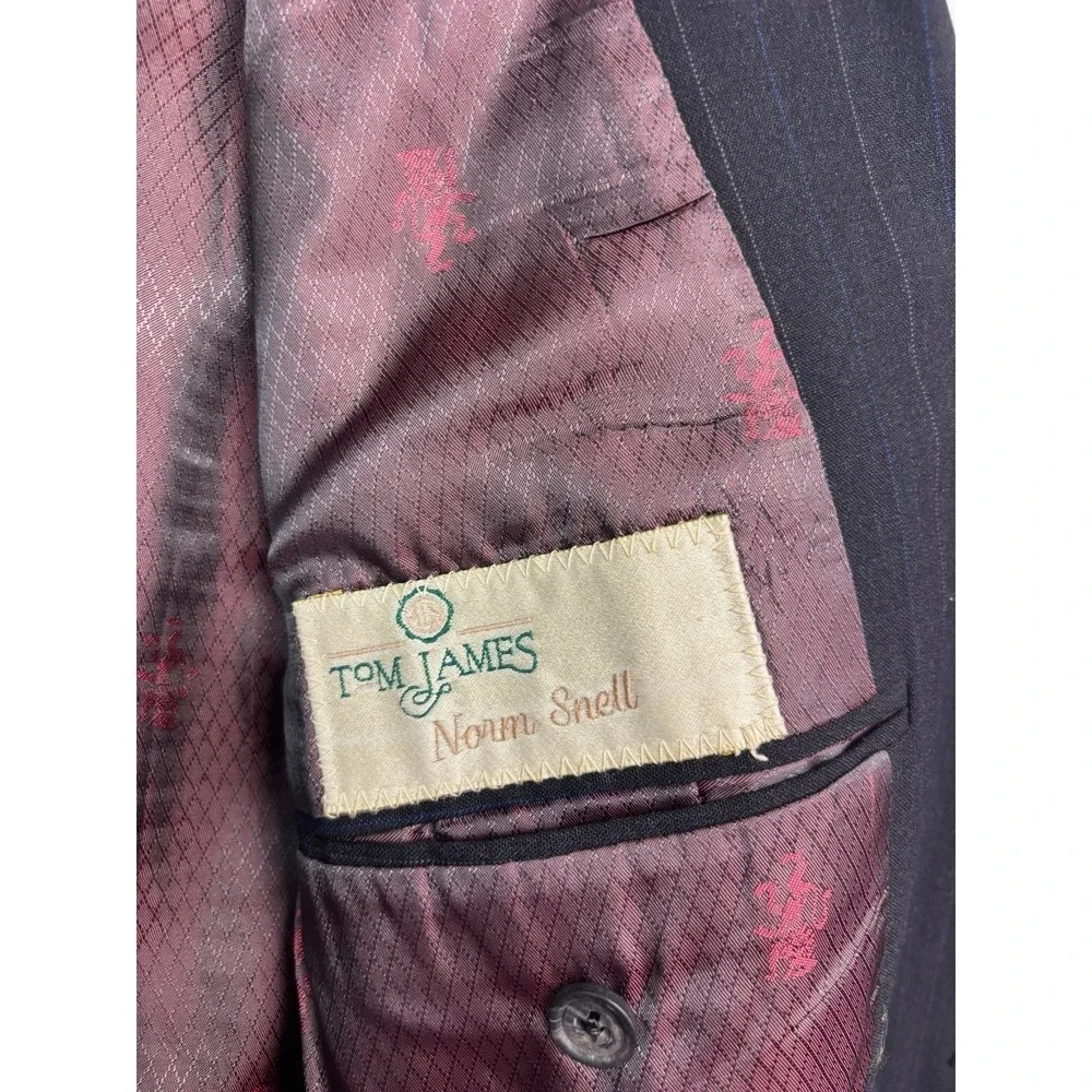vtg 90s Tom James 46L 37x33 Charcoal Pinstripe 2pc Pant Suit Wool USA Pleated